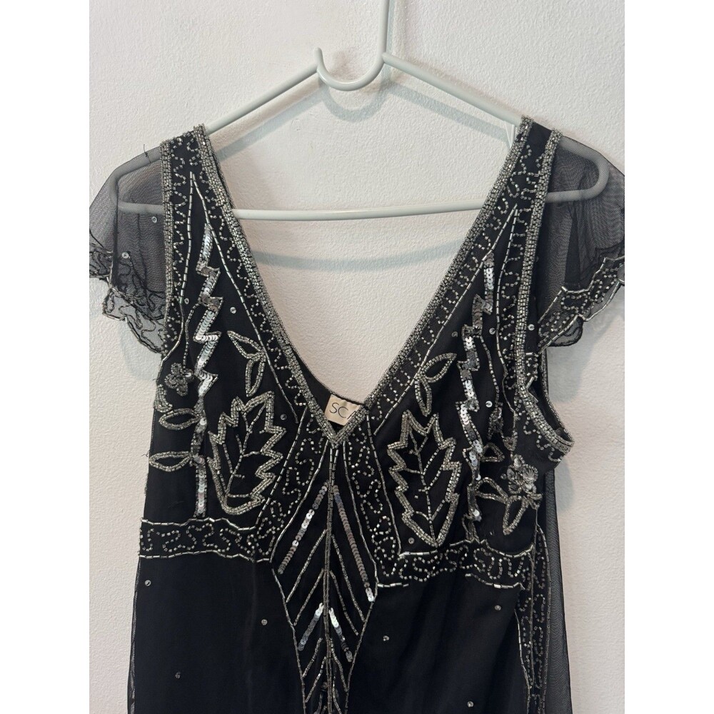 Vtg Y2K Scala Black Sheer Mesh Beaded Silver Sequin Cap Sleeve Top M Whimsigoth - Picture 7 of 12